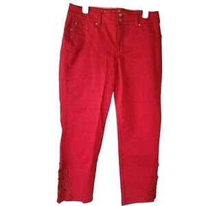 Iman Global Chic Jeans Pants Sz 12 Red Straight Leg Embroidery At Ankle Zipper